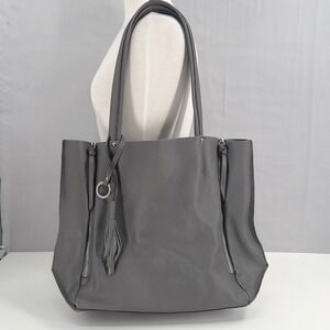 Sanctuary Anthropologie Womens Large Pebbled Leather Tote Grey Tassel Zip OS